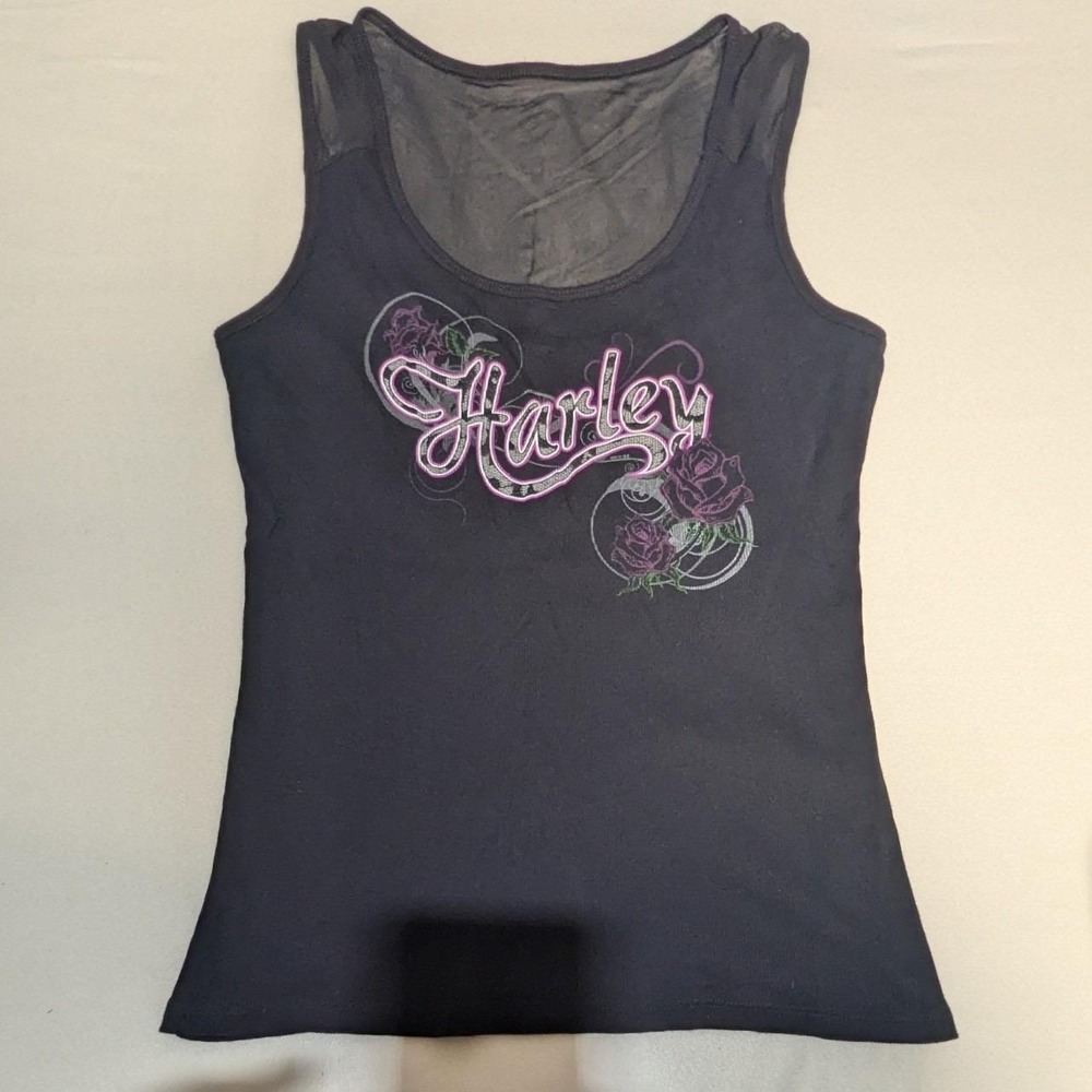Harley-Davidson Tank Top XL Black Mesh Back Rose Graphic Ribbed Biker Edgy